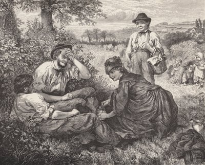Lantarbetare vilar under skörden (gravyr) av Robert Barnes