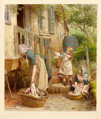 Mor och barn hänger på tvätten, puben. 1854. av Robert Barnes