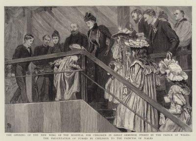 Öppnandet av den nya flygeln av sjukhuset för barn i Great Ormond Street av prinsen av Wales, presentation av plånböcker av barn till prinsessan av Wales av Robert Barnes
