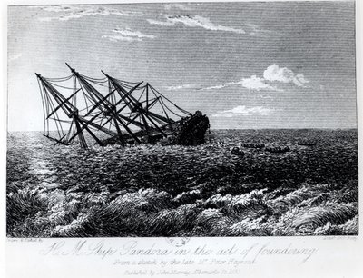 H.M. Pandora som går på grund, från "The Eventful History of the Munity and Piratical Seizure of H.M.S. Bounty: its cause and consequences" av John Barrow, publicerad av John Murray 1835. av Robert Batty