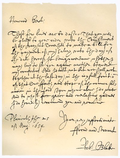 Brev från amiral Robert Blake till amiralitetets kommissionärer, 25 augusti 1654. av Robert Blake