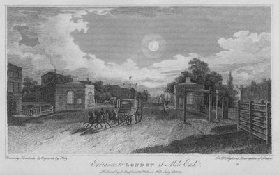 Ingång till London vid Mile End (gravyr) av Robert Blemell (after) Schnebbelie