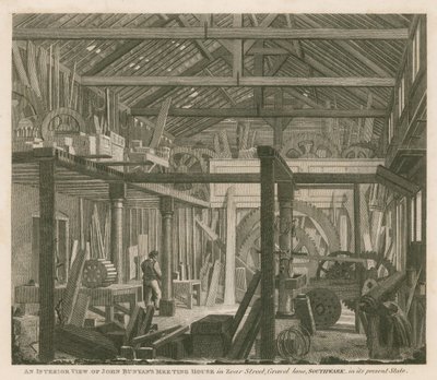 En interiörvy av John Bunyans möteshus i Zoar Street, Gravel Lane, Southwark, i dess nuvarande tillstånd av Robert Blemell Schnebbelie