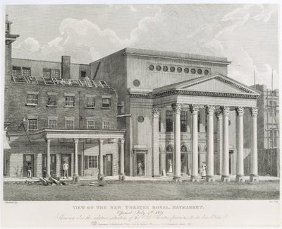 Utsikt över New Theatre Royal, Haymarket, öppnade 4 juli 1821, visar också den relativa situationen för den gamla teatern före rivningen, graverad av Dale, 1822 av Robert Blemell Schnebbelie