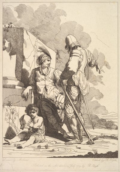 Två soldater och barn som håller en hjälm, 19 juli 1779. av Robert Blyth