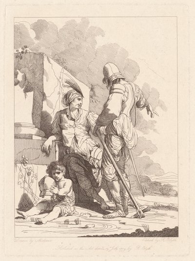 2 人の兵士とヘルメットを保持している子供スウェーデン語 av Robert Blyth, after John Hamilton Mortimer