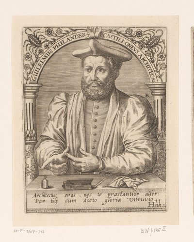 Porträtt av Guillaume Philandrier Guilelmus Philander Castili oneus architectus (titel på objekt) Porträttserie av forskare från 1400- och 1500-talet (serietitel) av Robert Boissard