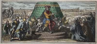 Byggandet av Les Invalides 1670 - Allegori om grunden av Hotel des Invalides - Ludvig XIV som visar sina gamla lemlästade soldater Hotel des Invalides under konstruktion gravyr av Robert Bonnart (1652-1729) av Robert Bonnard