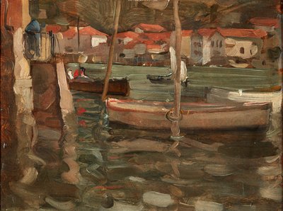 Roddbåtar vid en hamnkaj, Concarneau (olja på panel) av Robert Brough