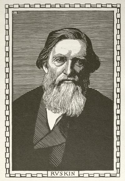 John Ruskin, engelsk författare, konstkritiker, konstnär och samhällstänkare (träsnitt) av Robert Bryden