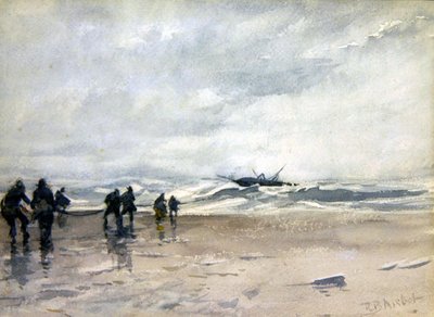 Fiskare som drar in en nödställd fiskebåt (akvarell på papper) av Robert Buchan Nisbet