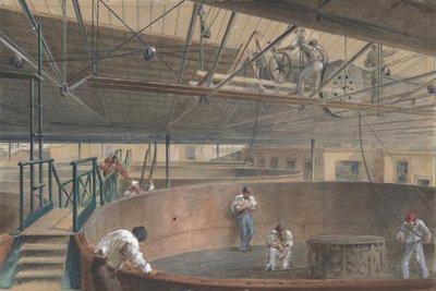 Rulla ihop kabeln i de stora tankarna vid verken av telegrafkonstruktionen..., 1865, 1865. av Robert Charles Dudley