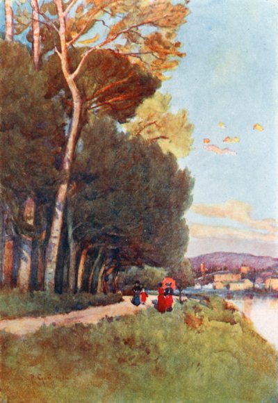 En favoritpromenad längs floden i Cascine (färglitografi) av Robert Charles Goff