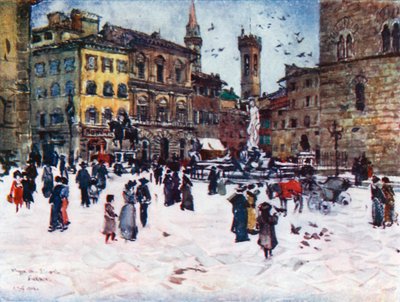 Piazza Della Signoria, med Palazzo Vecchio, Bargello-tornen och Badia (färglitografi) av Robert Charles Goff