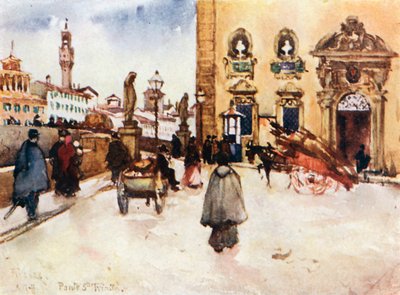Frescobaldi-palatset med Ponte Santa Trinita och Palazzo Vecchios torn (färglitografi) av Robert Charles Goff