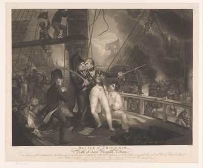 Slaget vid Trafalgar med Horatio Nelsons död Slaget vid Trafalgar och Lord Viscount Nelsons död (titel på objektet) av Robert Cooper