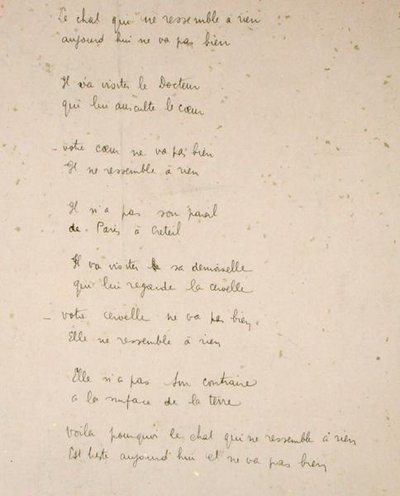 Katten som är som ingenting på jorden, handskriven sida i diktsamlingen "La Menagerie de Tristan" av Robert Desnos av Robert Desnos