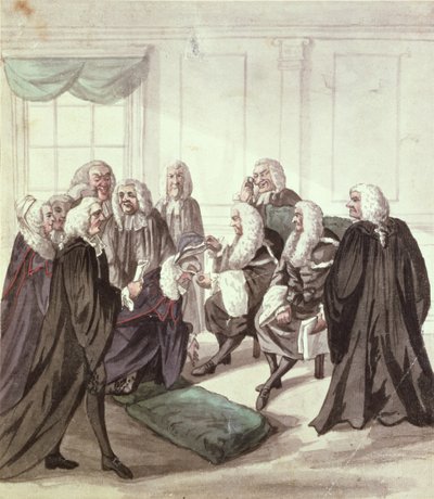 A Peep into Westminster Hall on a Call of Sergeants, 1700-talet (penna och bläck och wc på papper) av Robert Dighton
