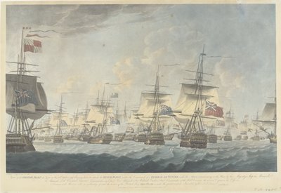 Slaget vid Kamperduin (1797): attack av den brittiska flottan Utsikt över den brittiska flottan kl. 12.00 den 11 oktober 1797, Bärande för att attackera den holländska flottan (...) (titel på objektet) av Robert Dodd