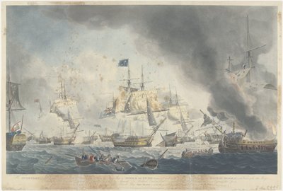 Slaget vid Kamperduin (1797): nederlag för den bataviska flottan Den holländska flottan besegrades på eftermiddagen den 11 oktober 1797 och visade att amiral De Winters flaggskepp var dismasterat (...) (titel på objektet) av Robert Dodd