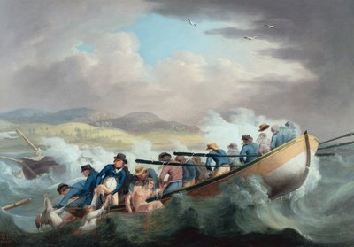 Överlevande från ett skeppsvrak utanför Isle of Wight räddas av besättningen på H.M.S. Juno av Robert Dodd
