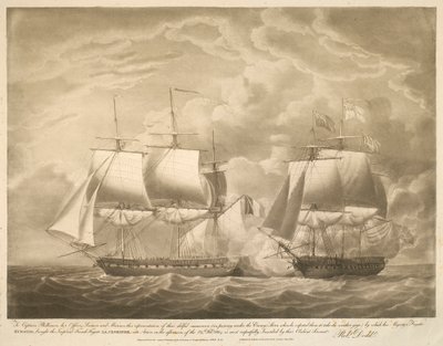 Till kapten Phillimore, hans officerare, sjömän och marinsoldater, denna framställning av deras skickliga manöver (att passera under fiendens akter när han förväntade sig att de skulle ta vädermätaren) genom vilken hans majestäts fregatt EUROTAS, förde den av Robert Dodd