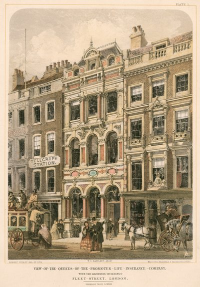 Vy över Promoter Life Insurance Companys kontor med intilliggande byggnader, Fleet Street, London (färglitografi) av Robert Dudley