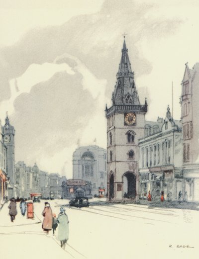 Glasgow: The Tolbooth and the Tron Steeple (färglitografi) av Robert Eadie