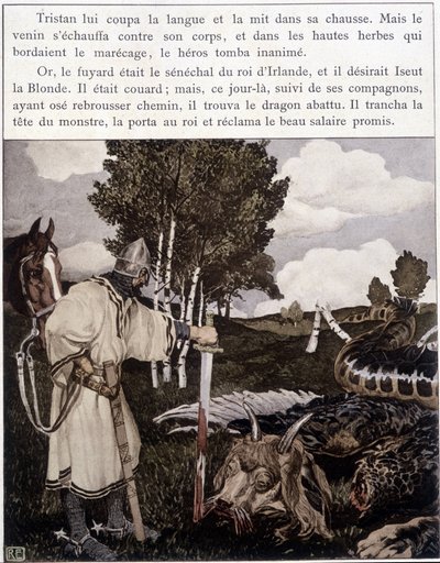 Tristan nära den döda draken - i "" Le Roman de Tristan et Iseult"" av Bédier ill. av Robert Engels, red. of Art, Paris av Robert Engels