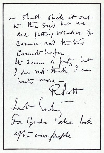 Sista sidan i dagboken för polarforskaren Robert Falcon Scott, ledare för den ödesdigra brittiska expeditionen till Sydpolen, 29 mars 1912 (litho) av Robert Falcon Scott
