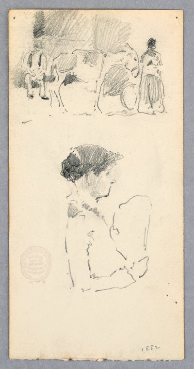 Teckning, Scen med åsna och två figurer; kvinna med solfjäder, 1882 av Robert Frederick Blum