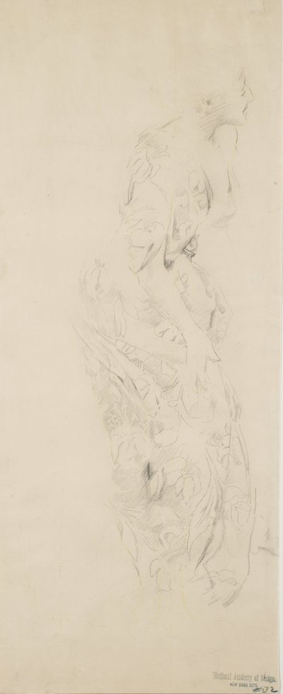 Skiss av kvinna i blommig klänning, möjligen för Moods to Music väggmålning, 1893-98 (grafit & gul penna på buffvävt papper) av Robert Frederick Blum