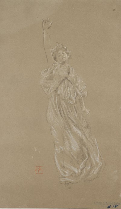 Studie av stående draperad kvinnofigur, för väggmålningen Moods to Music (svartvit krita på papper) av Robert Frederick Blum