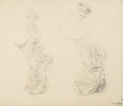 Studie av två kvinnofigurer för väggmålningen Moods to Music, 1893-95 (grafit med röd penna på gulvävt papper) av Robert Frederick Blum