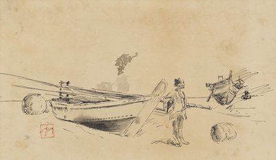 Två japanska fiskebåtar på stranden, 1867-1903 av Robert Frederick Blum