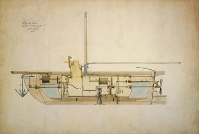 Originalritning av Nautilus, den första undervattensbåten (ubåt), presenterad av dess uppfinnare Robert Fulton (1765-1815) till den amerikanska senaten 1806. av Robert Fulton