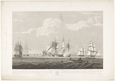 Avgång av tolv holländska handelsfartyg från Portsmouths hamn, 1833 (skylt 3) Denna uppsättning av tre skyltar som visar avgången från Portsmouths hamn den 2 juni 1833 av 12 Nederlandsche Koopvaardy-skepp från Embargo. av Robert Havell (II)
