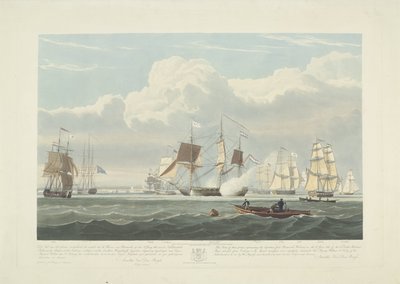Avgång av tolv holländska handelsfartyg från Portsmouths hamn, 1833 (skylt 3) Denna uppsättning av tre skyltar som visar avgången från Portsmouths hamn den 2 juni 1833 av 12 Nederlandsche Koopvaardy-skepp från Embargo. av Robert Havell (II)