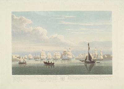 Avgång av tolv holländska handelsfartyg från Portsmouths hamn, 1833 (skylt 1) Denna uppsättning av tre skyltar som visar avgången från Portsmouths hamn den 2 juni 1833 av 12 Nederlandsche Koopvaardy-skepp från Embargo. av Robert Havell (II)