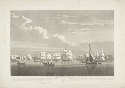 Avgång av tolv holländska handelsfartyg från hamnen i Portsmouth, 1833 (skylt 1) Denna uppsättning av tre skyltar som visar avgången från Portsmouths hamn den 2 juni 1833 av 12 Nederlandsche Koopvaardy-skepp från Embargo. av Robert Havell (II)