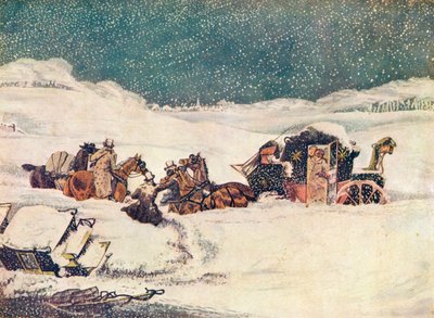 Birmingham Mail nära Aylesbury, vakten Banbury fortsätter med väskorna, 1837 1907 av Robert Havell