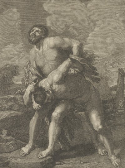 Hercules bär ett lejonskinn och slåss mot Achelous, ett landskap i bakgrunden, ..., ca. 1713-72. av Robert Hecquet