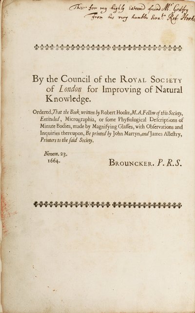 Signerad sida från "Micrographia: or Some Physiological Descriptions of Minute Bodies Made by Magnifying Glasses", 1665 av Robert Hooke