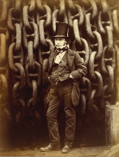 Isambard Kingdom Brunel står före lanseringskedjorna av Great Eastern...tryckt 1863-64. av Robert Howlett
