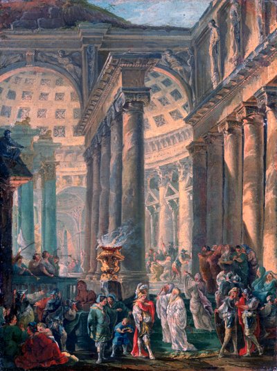 「アレキサンダー大王の凱旋式埋葬のあるローマ神殿の気まぐれ」、1755-1760年スウェーデン av Robert Hubert