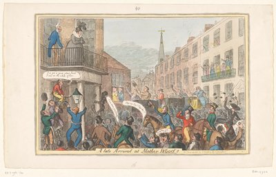 Spotprent op prinses Caroline, 1820 En sen ankomst till Mother Wood