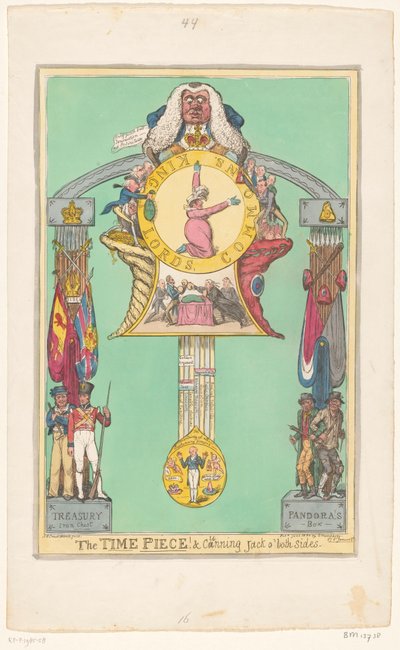 Klocka med drottningen på urtavlan, 1820 The Time Piece! & listiga Jack på båda sidor av Robert Isaac Cruikshank