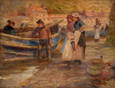 Hamnscen med fiskare av Robert Jobling
