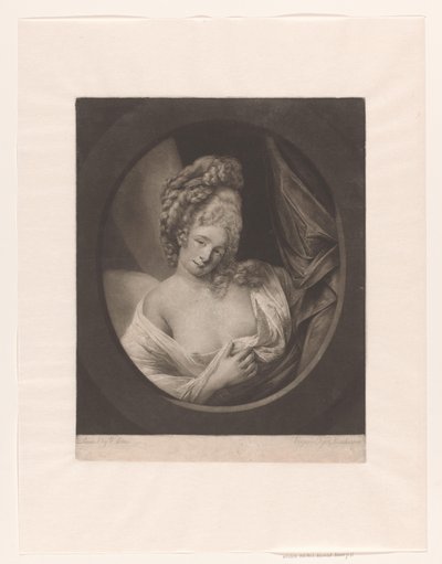 Porträtt av en kvinna med delvis täckt klyvning i en boudoir, möjligen Catherine Bampfylde av Robert John Dunkarton