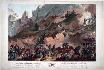 1799 slogs Napoleons trupper på Djävulens bron mot ryssarna under befäl av general Souvarov - Ryska armén korsade djävulens bron 1799 - Porter, Robert Carr (1777-1842) - 1804 - Akvatint - 63x91,3 -Privat samling av Robert Kerr Porter
